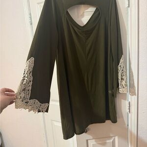 Altar'd State Forest Green Blouse with Lace Trim